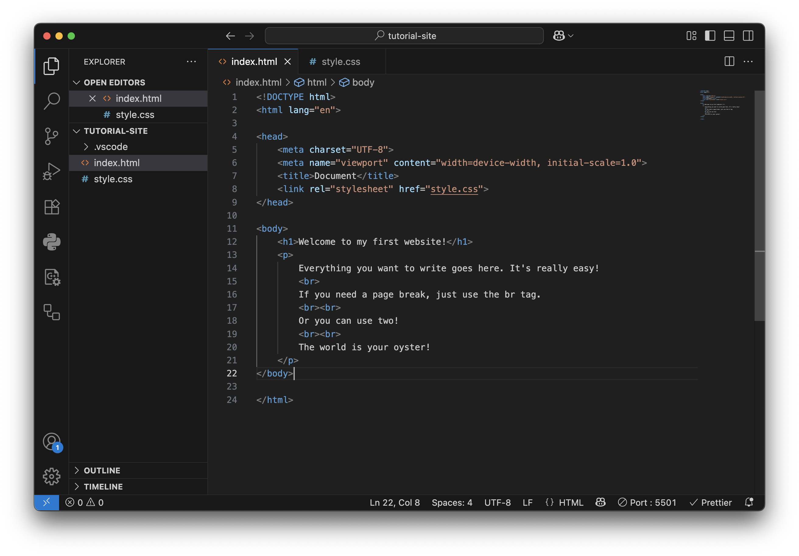 Link style.css to index.html and build your site